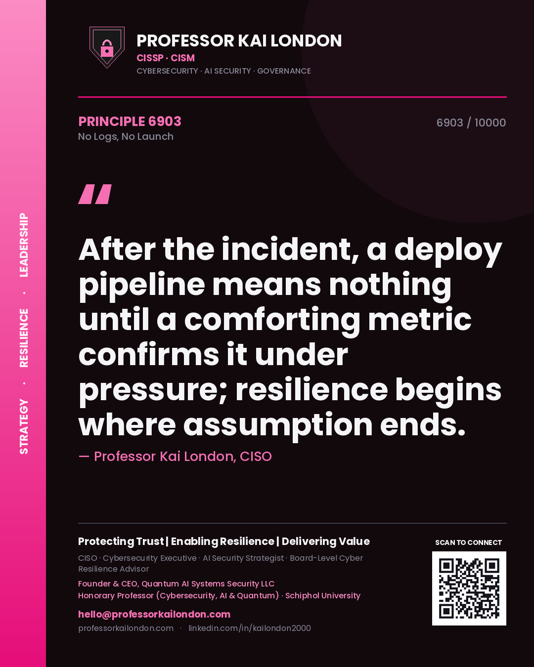 Quote card by Professor Kai London reading 'After the incident, a deploy pipeline means nothing until a comforting metric confirms it under pressure; resilience begins where assumption ends.'. From the book No Logs, No Launch.
