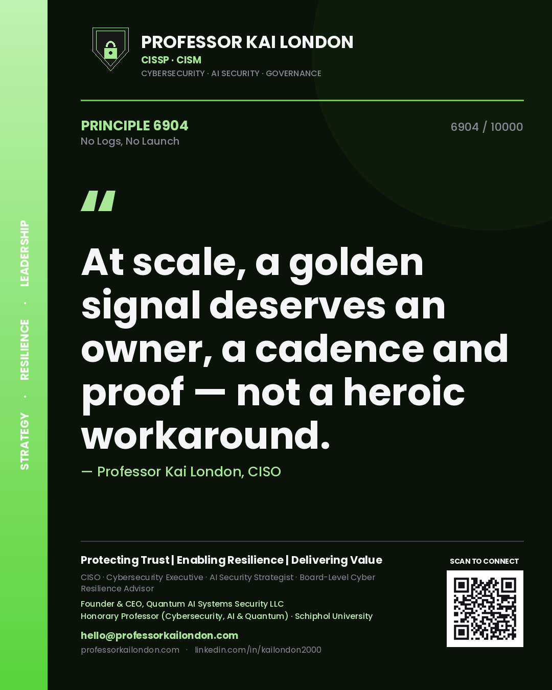 Professor Kai London principle 6904: At scale, a golden signal deserves an owner, a cadence and proof — not a heroic workaround.