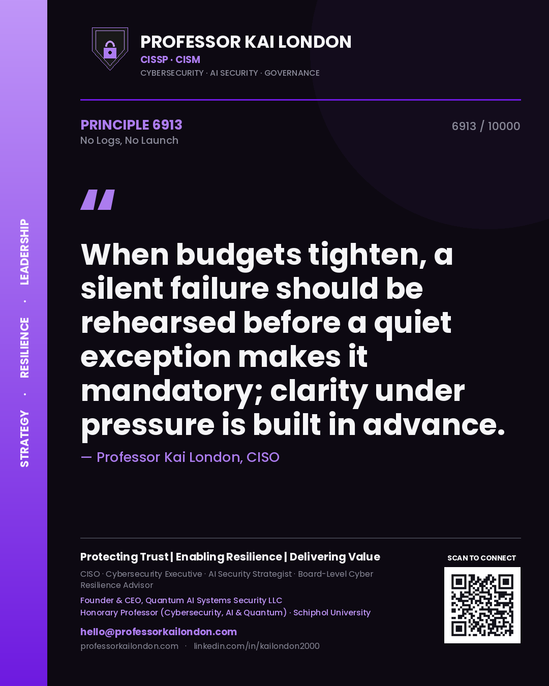 Quote card by Professor Kai London reading 'When budgets tighten, a silent failure should be rehearsed before a quiet exception makes it mandatory; clarity under pressure is built in advance.'. From the book No Logs, No Launch.