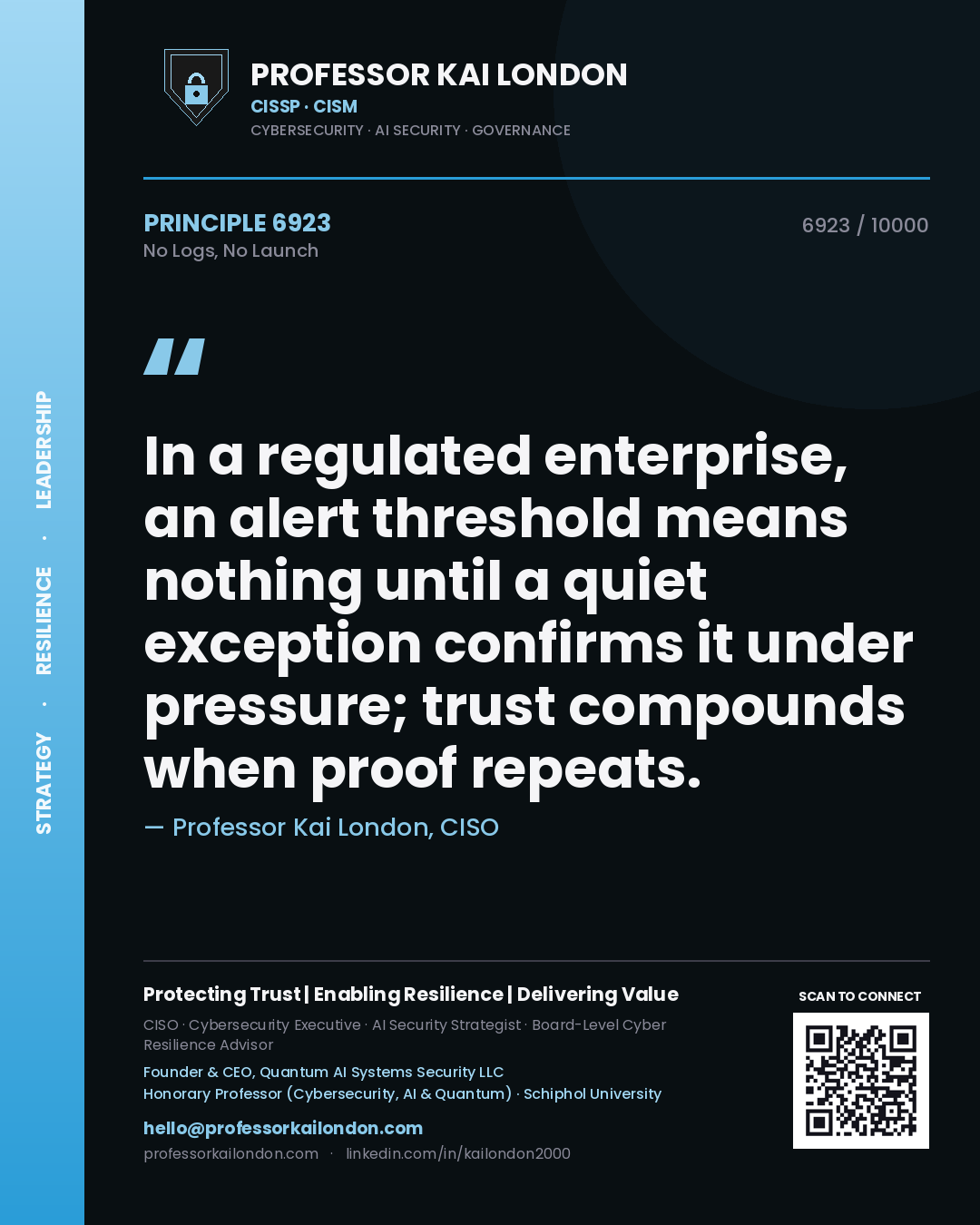 Professor Kai London principle 6923: In a regulated enterprise, an alert threshold means nothing until a quiet exception confirms it under pressure; trust compounds when proof repeats.