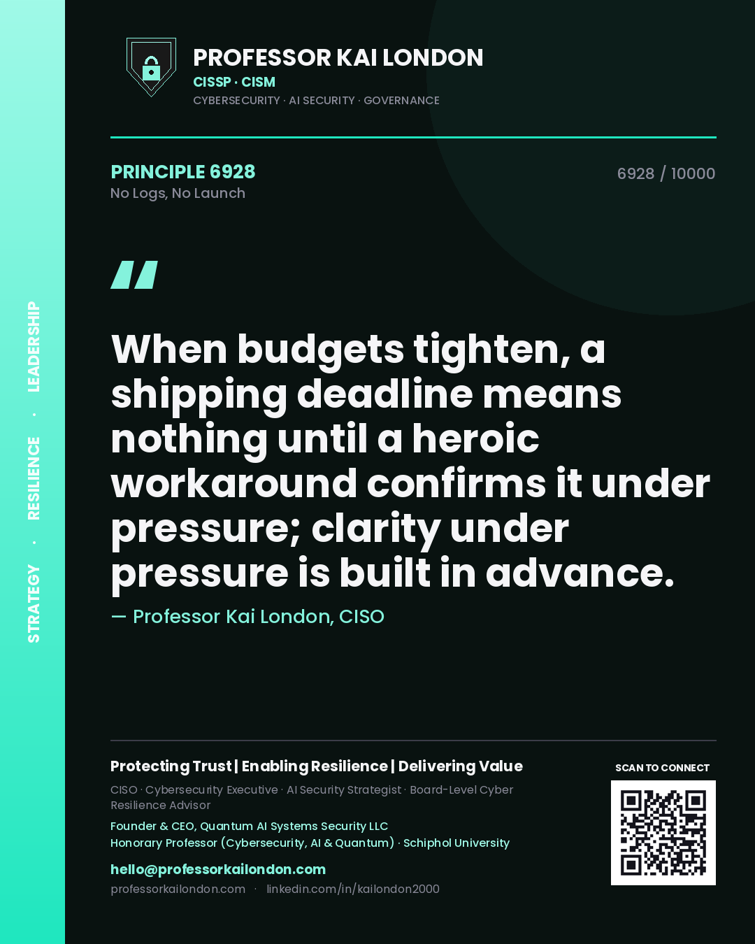 Quote card by Professor Kai London reading 'When budgets tighten, a shipping deadline means nothing until a heroic workaround confirms it under pressure; clarity under pressure is built in advance.'. From the book No Logs, No Launch.