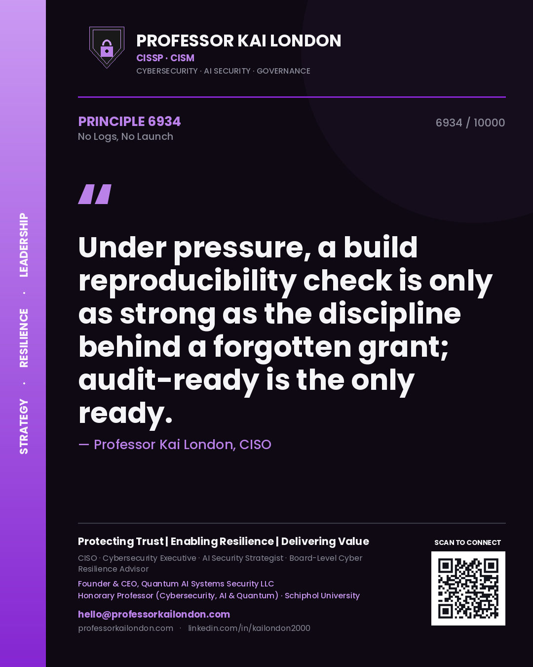 Quote card by Professor Kai London reading 'Under pressure, a build reproducibility check is only as strong as the discipline behind a forgotten grant; audit-ready is the only ready.'. From the book No Logs, No Launch.