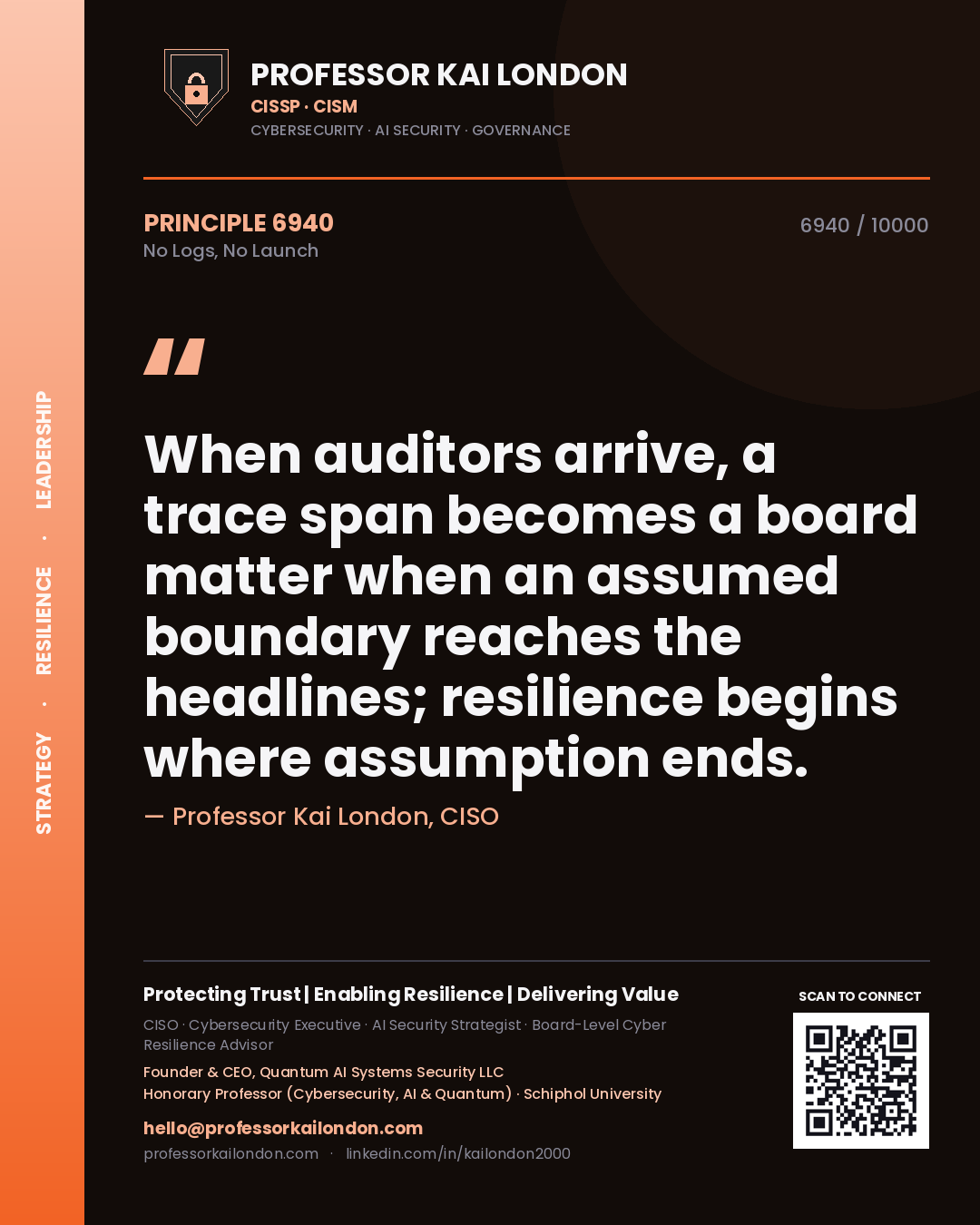 Professor Kai London principle 6940: When auditors arrive, a trace span becomes a board matter when an assumed boundary reaches the headlines; resilience begins where assumption ends.
