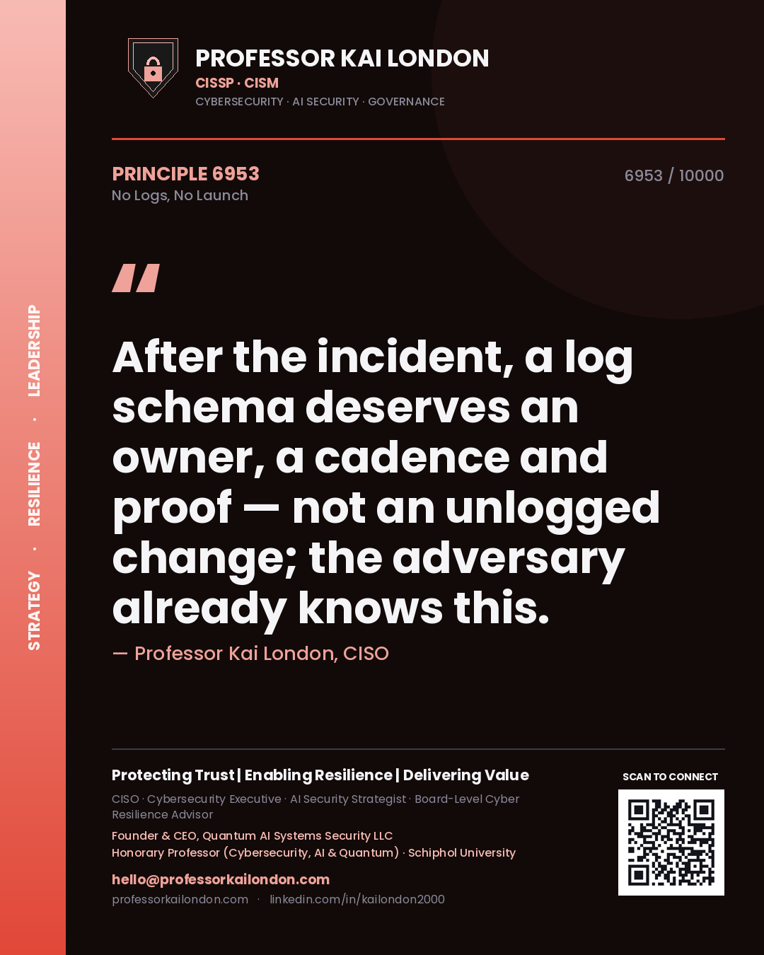 Quote card by Professor Kai London reading 'After the incident, a log schema deserves an owner, a cadence and proof — not an unlogged change; the adversary already knows this.'. From the book No Logs, No Launch.