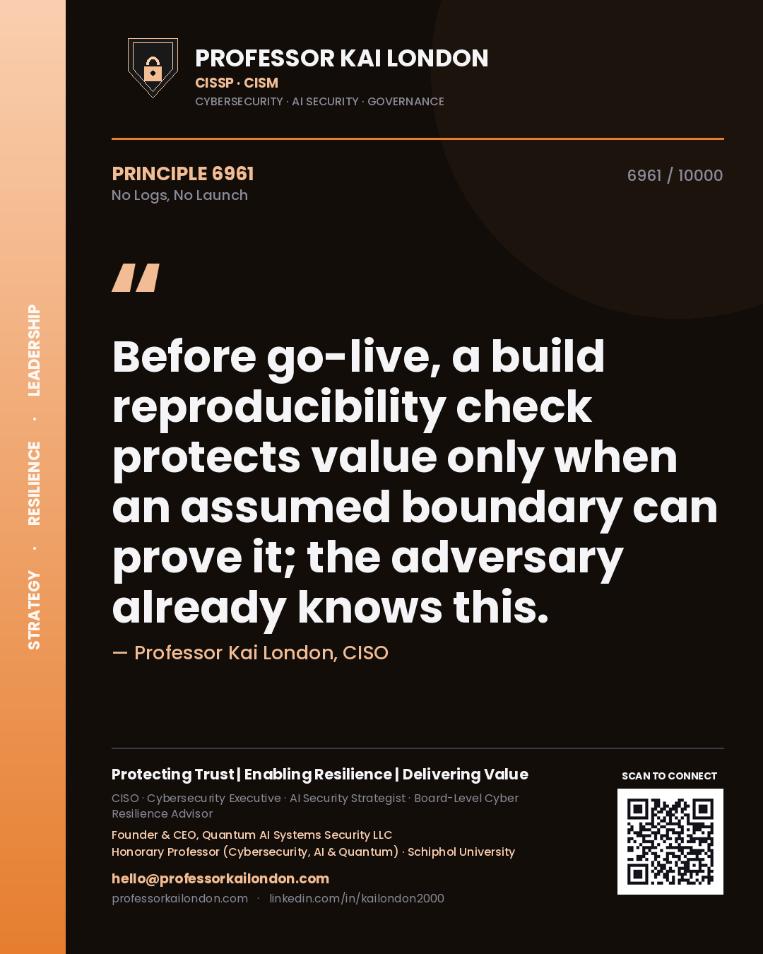 Professor Kai London principle 6961: Before go-live, a build reproducibility check protects value only when an assumed boundary can prove it; the adversary already knows this.