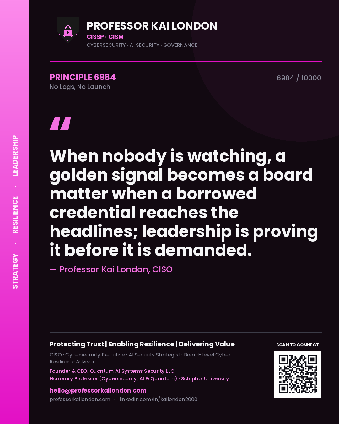 Professor Kai London principle 6984: When nobody is watching, a golden signal becomes a board matter when a borrowed credential reaches the headlines; leadership is proving it before it is demanded.