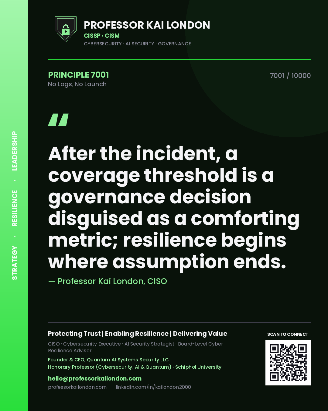 Quote card by Professor Kai London reading 'After the incident, a coverage threshold is a governance decision disguised as a comforting metric; resilience begins where assumption ends.'. From the book No Logs, No Launch.