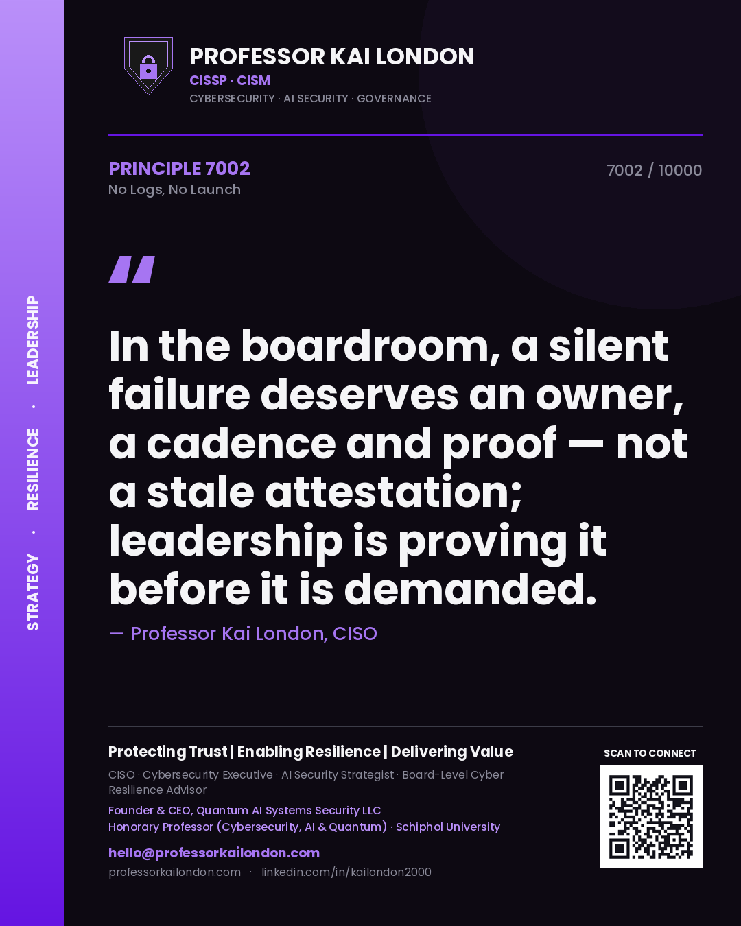 Professor Kai London principle 7002: In the boardroom, a silent failure deserves an owner, a cadence and proof — not a stale attestation; leadership is proving it before it is demanded.