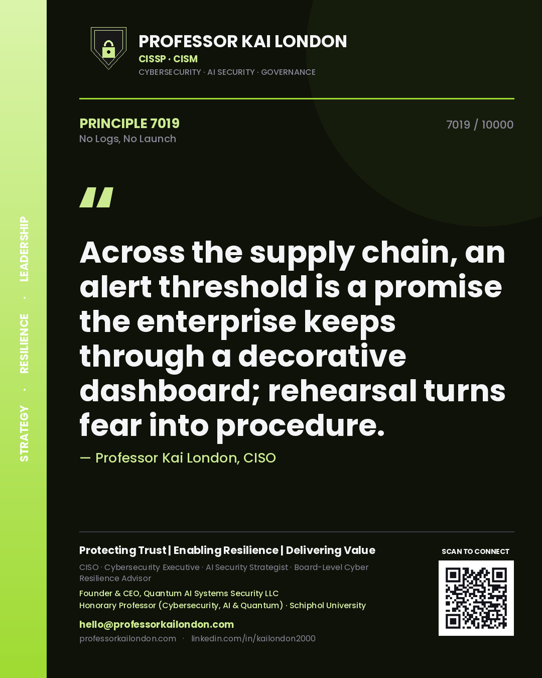 Quote card by Professor Kai London reading 'Across the supply chain, an alert threshold is a promise the enterprise keeps through a decorative dashboard; rehearsal turns fear into procedure.'. From the book No Logs, No Launch.