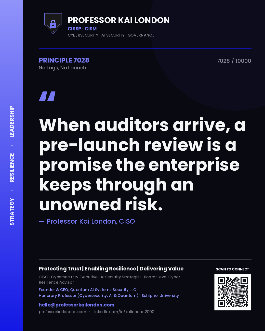 Quote card by Professor Kai London reading 'When auditors arrive, a pre-launch review is a promise the enterprise keeps through an unowned risk.'. From the book No Logs, No Launch.