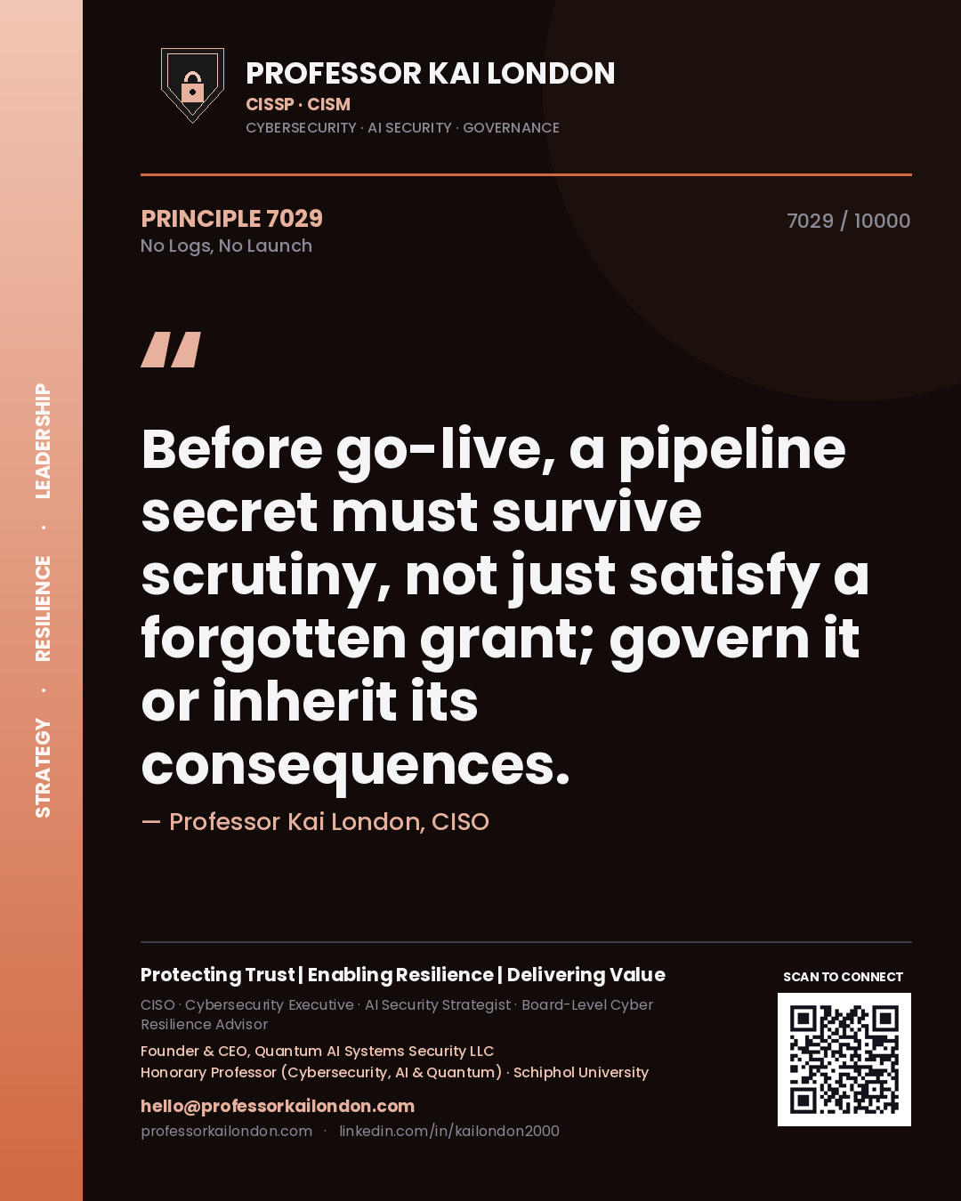 Professor Kai London principle 7029: Before go-live, a pipeline secret must survive scrutiny, not just satisfy a forgotten grant; govern it or inherit its consequences.