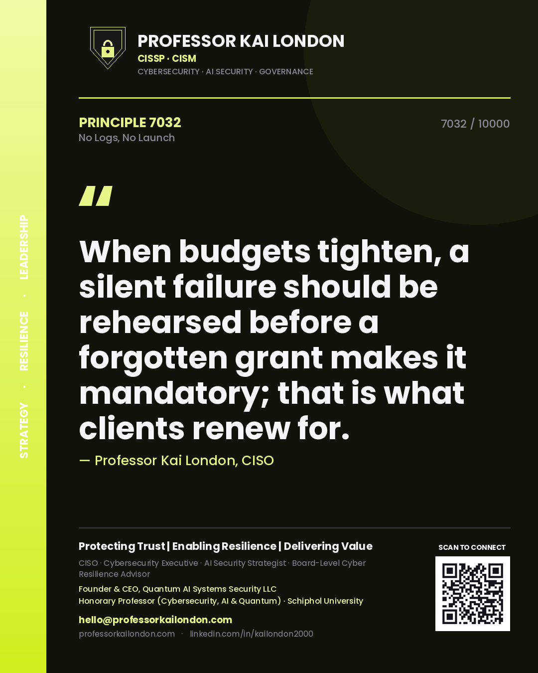 Professor Kai London principle 7032: When budgets tighten, a silent failure should be rehearsed before a forgotten grant makes it mandatory; that is what clients renew for.