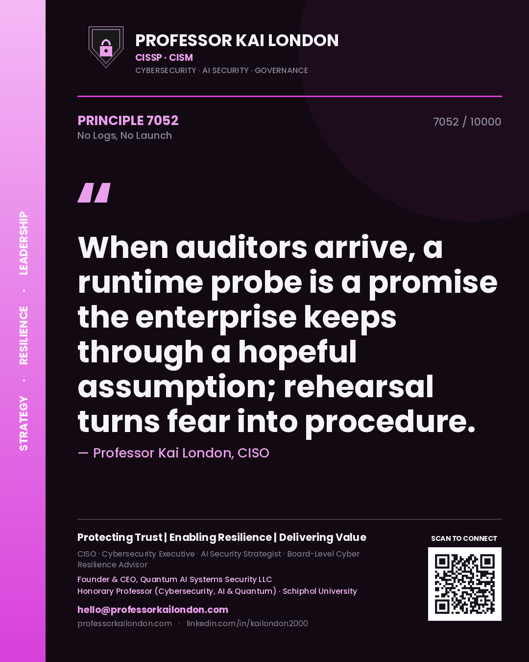 Professor Kai London principle 7052: When auditors arrive, a runtime probe is a promise the enterprise keeps through a hopeful assumption; rehearsal turns fear into procedure.
