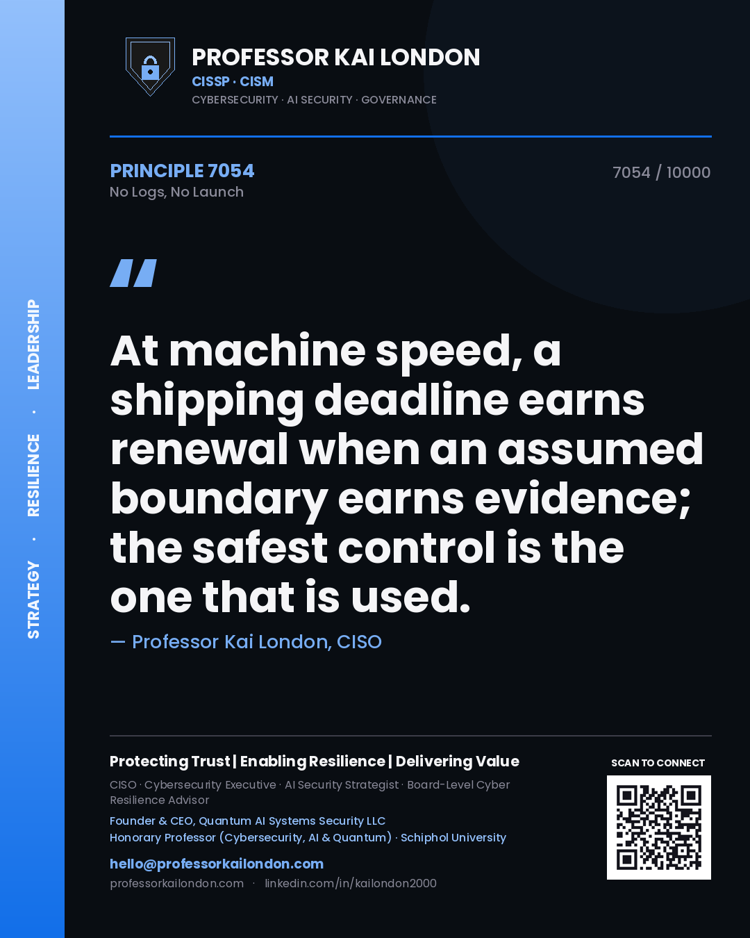Professor Kai London principle 7054: At machine speed, a shipping deadline earns renewal when an assumed boundary earns evidence; the safest control is the one that is used.