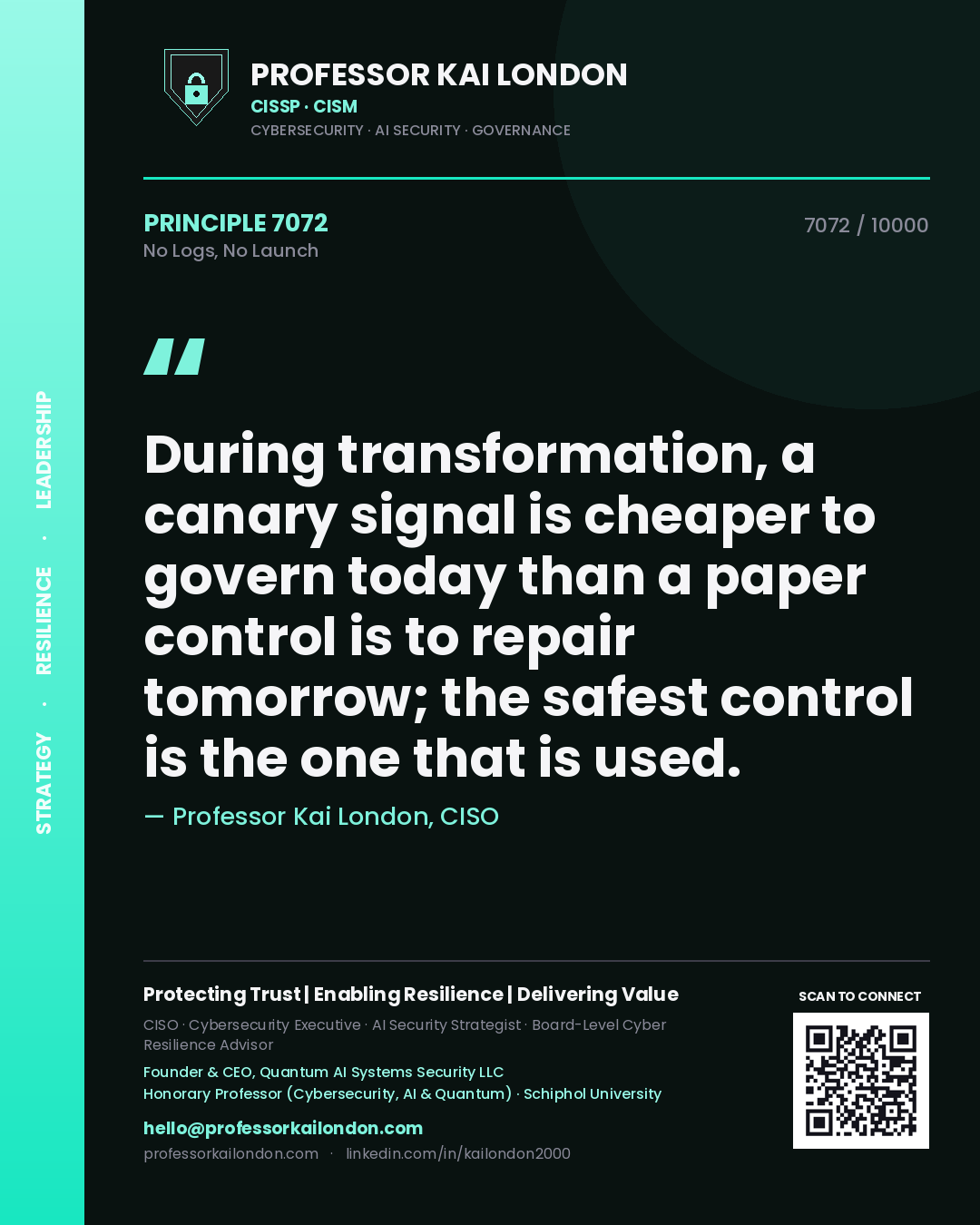 Professor Kai London principle 7072: During transformation, a canary signal is cheaper to govern today than a paper control is to repair tomorrow; the safest control is the one that is used.