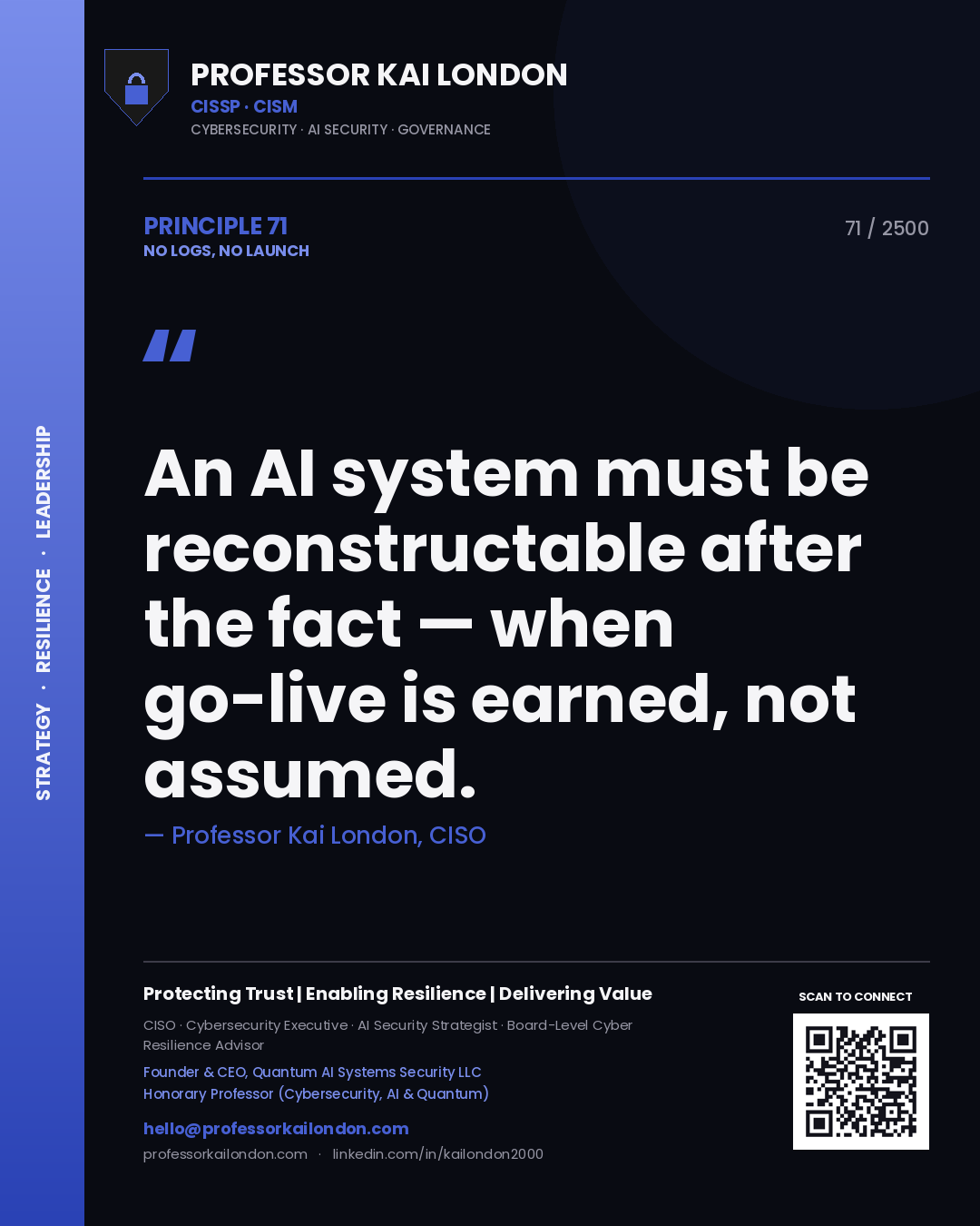 Professor Kai London principle 71: An AI system must be reconstructable after the fact — when go-live is earned, not assumed.