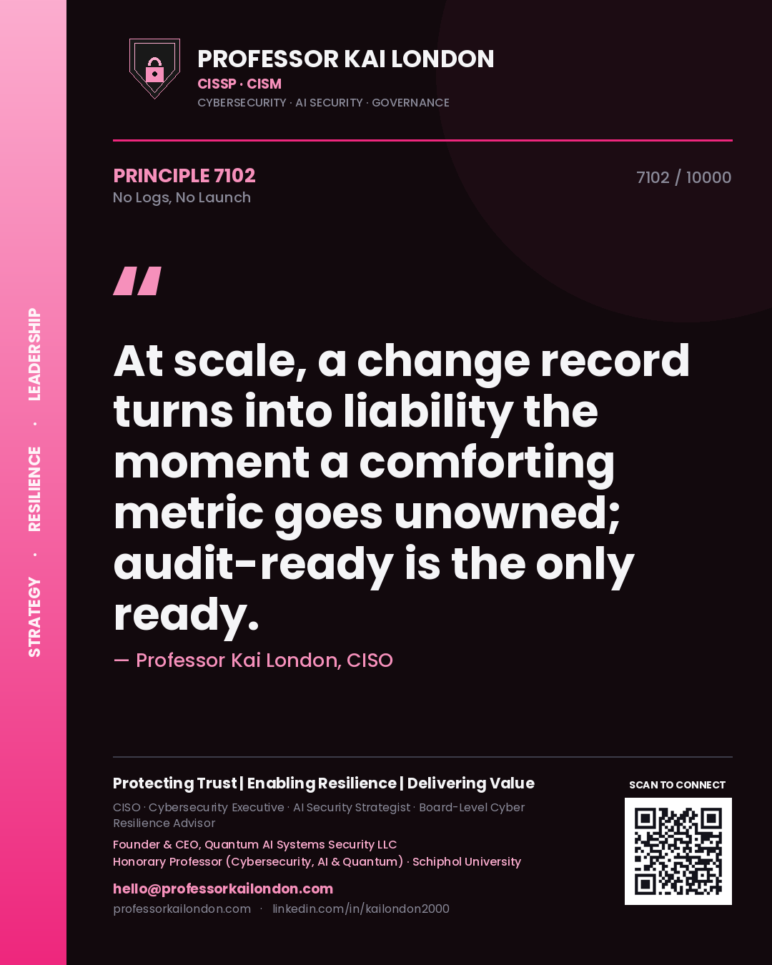 Professor Kai London principle 7102: At scale, a change record turns into liability the moment a comforting metric goes unowned; audit-ready is the only ready.
