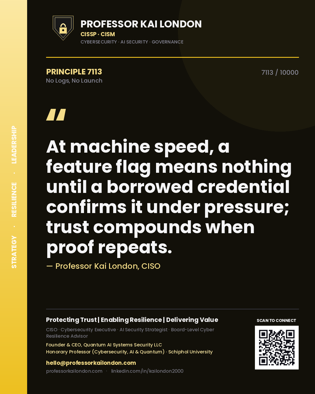 Professor Kai London principle 7113: At machine speed, a feature flag means nothing until a borrowed credential confirms it under pressure; trust compounds when proof repeats.