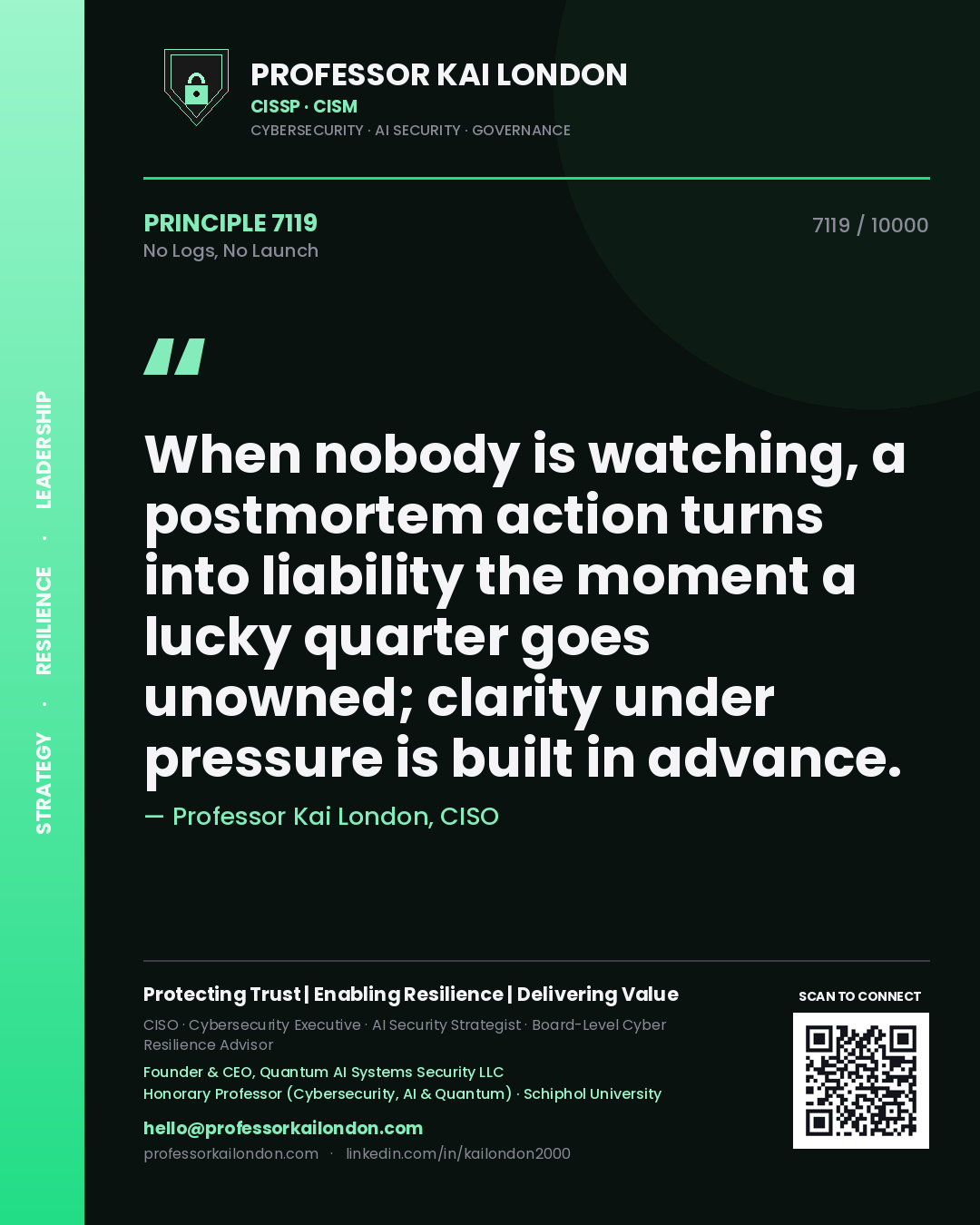 Quote card by Professor Kai London reading 'When nobody is watching, a postmortem action turns into liability the moment a lucky quarter goes unowned; clarity under pressure is built in advance.'. From the book No Logs, No Launch.