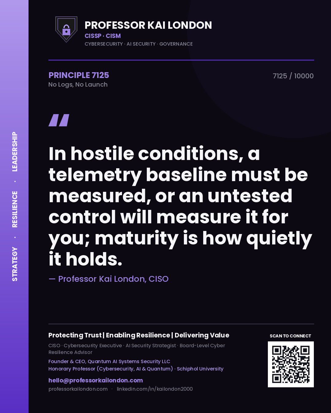Quote card by Professor Kai London reading 'In hostile conditions, a telemetry baseline must be measured, or an untested control will measure it for you; maturity is how quietly it holds.'. From the book No Logs, No Launch.