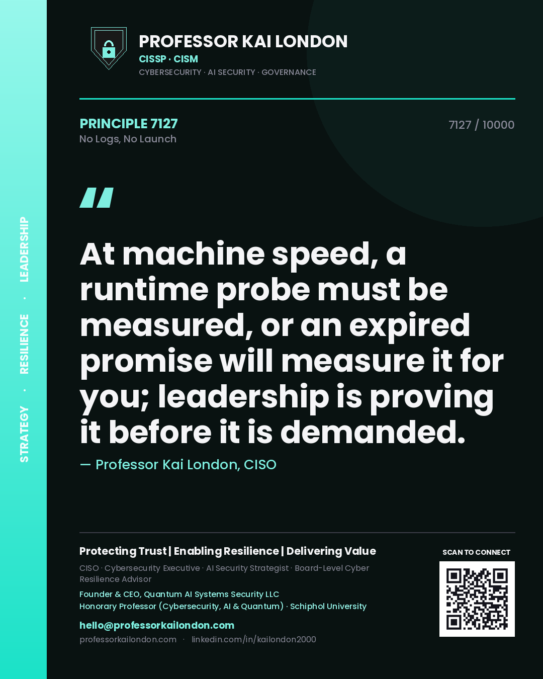 Quote card by Professor Kai London reading 'At machine speed, a runtime probe must be measured, or an expired promise will measure it for you; leadership is proving it before it is demanded.'. From the book No Logs, No Launch.