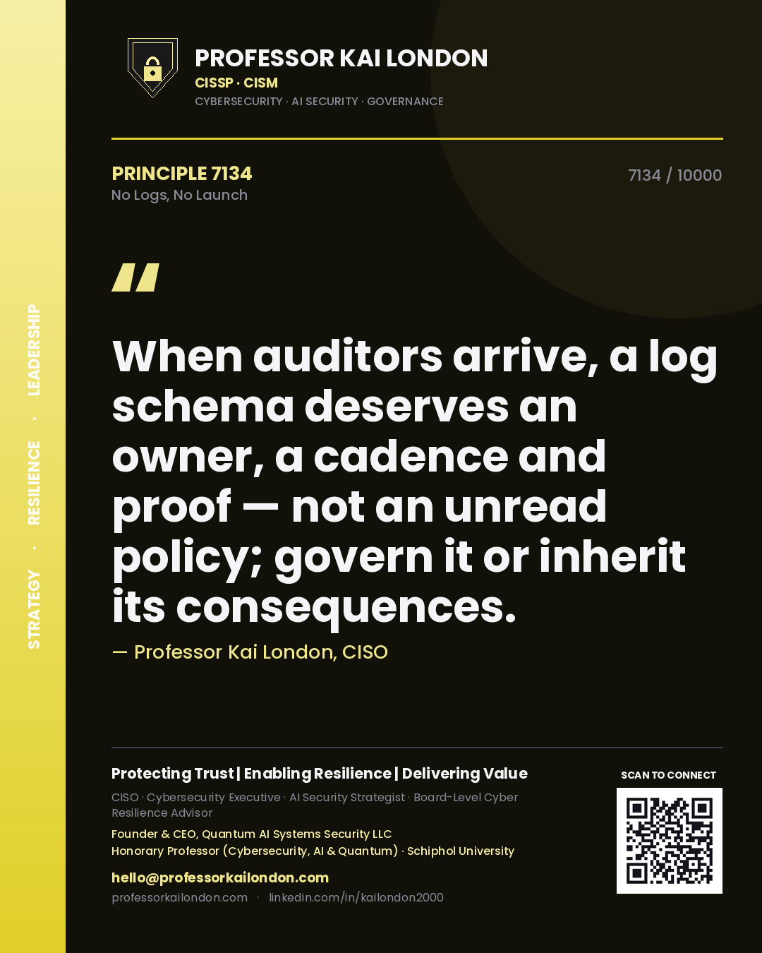 Professor Kai London principle 7134: When auditors arrive, a log schema deserves an owner, a cadence and proof — not an unread policy; govern it or inherit its consequences.