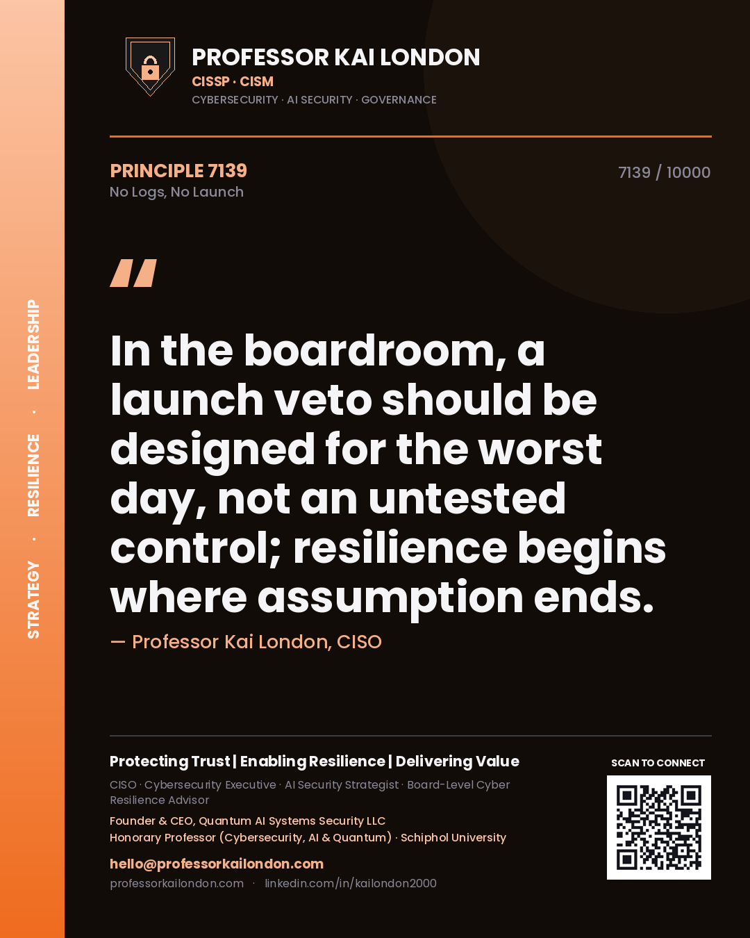 Quote card by Professor Kai London reading 'In the boardroom, a launch veto should be designed for the worst day, not an untested control; resilience begins where assumption ends.'. From the book No Logs, No Launch.
