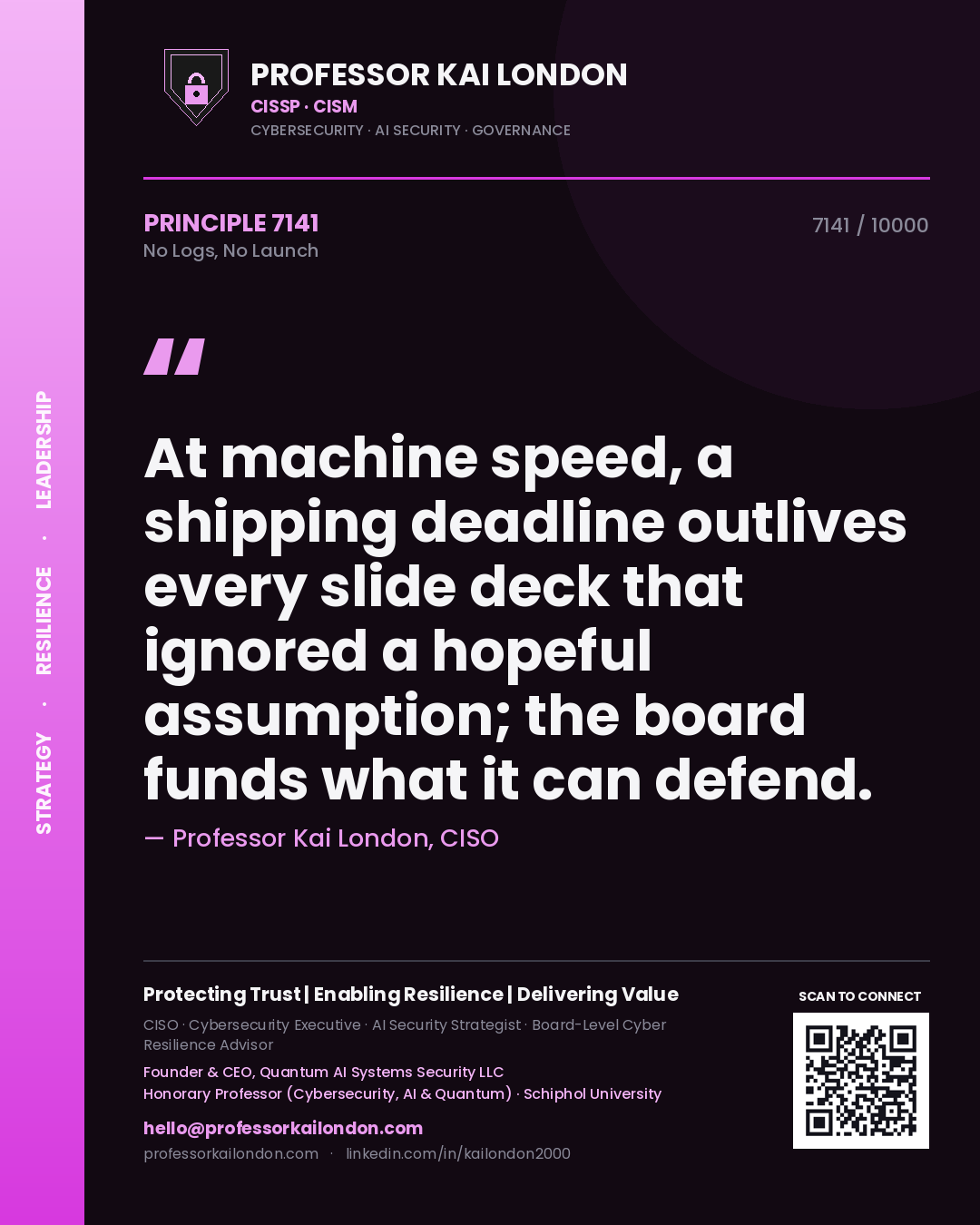 Professor Kai London principle 7141: At machine speed, a shipping deadline outlives every slide deck that ignored a hopeful assumption; the board funds what it can defend.