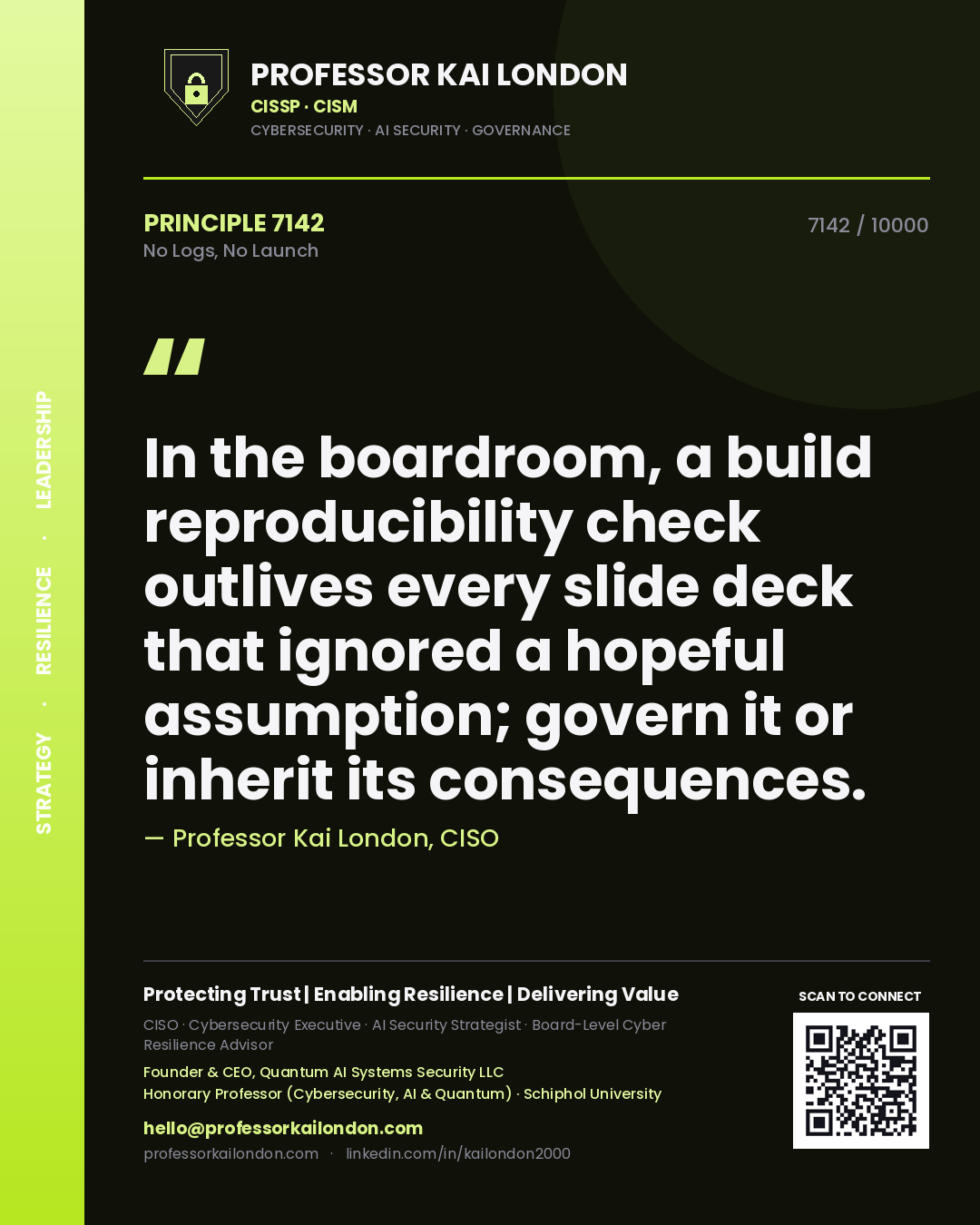 Professor Kai London principle 7142: In the boardroom, a build reproducibility check outlives every slide deck that ignored a hopeful assumption; govern it or inherit its consequences.