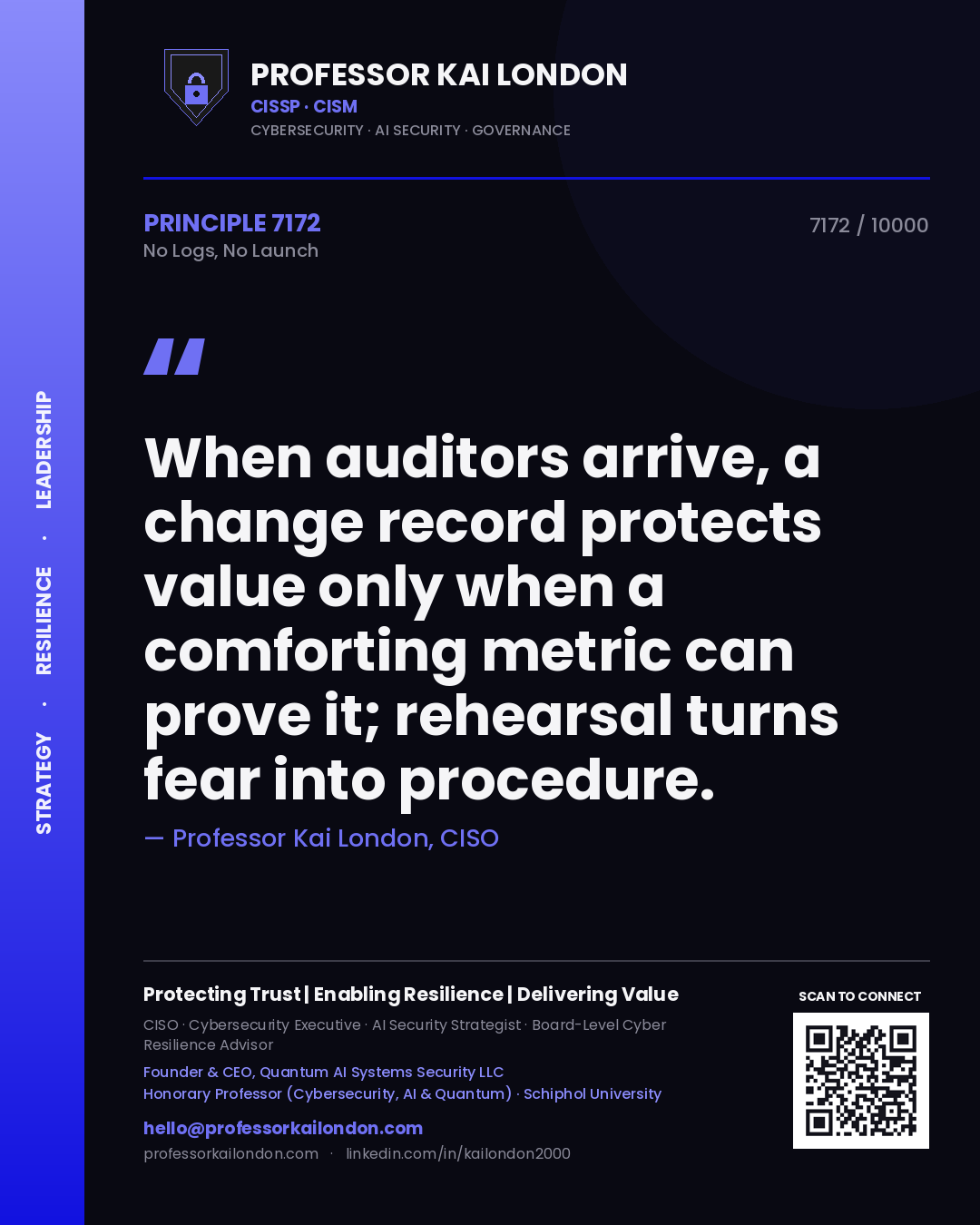 Professor Kai London principle 7172: When auditors arrive, a change record protects value only when a comforting metric can prove it; rehearsal turns fear into procedure.