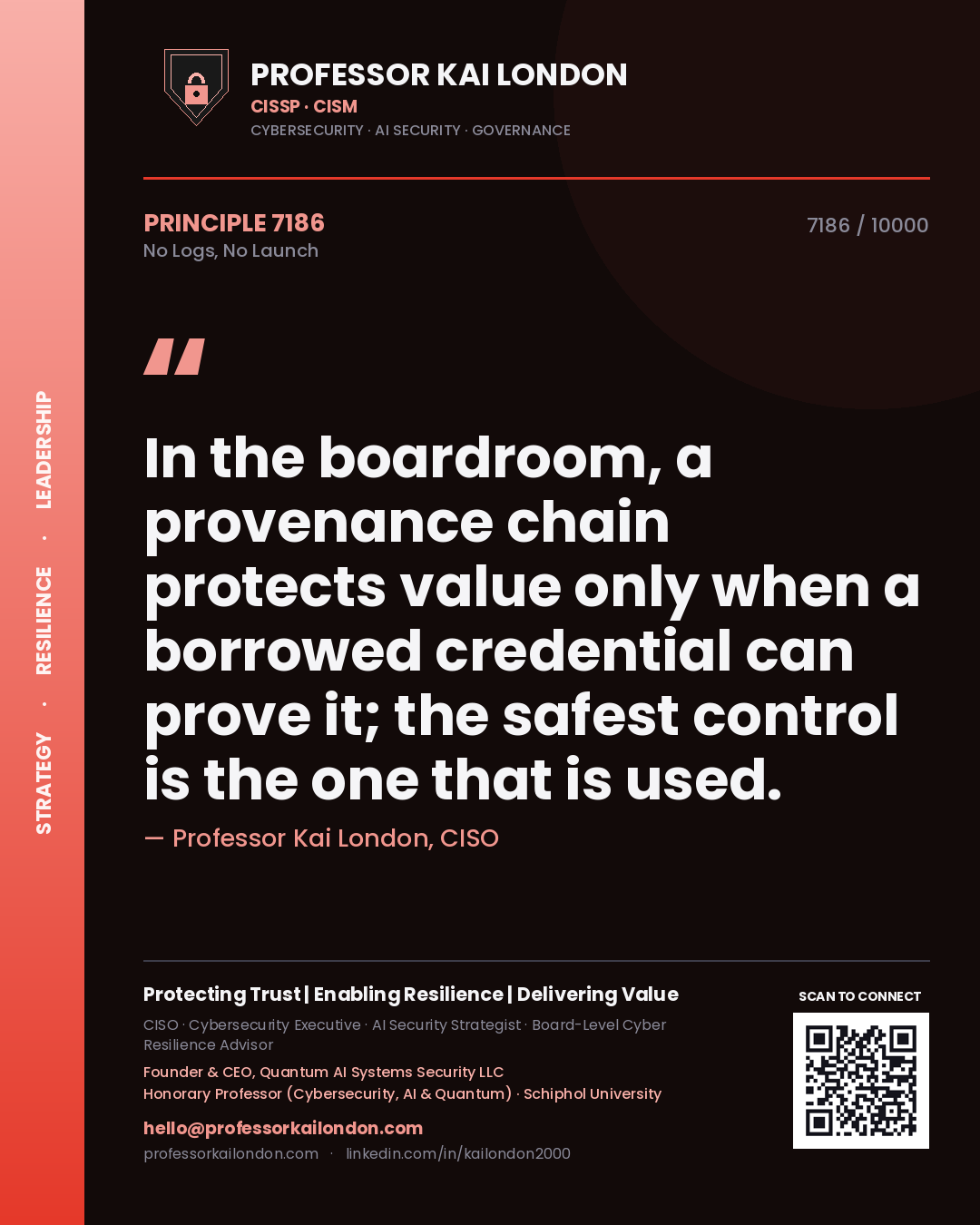 Professor Kai London principle 7186: In the boardroom, a provenance chain protects value only when a borrowed credential can prove it; the safest control is the one that is used.