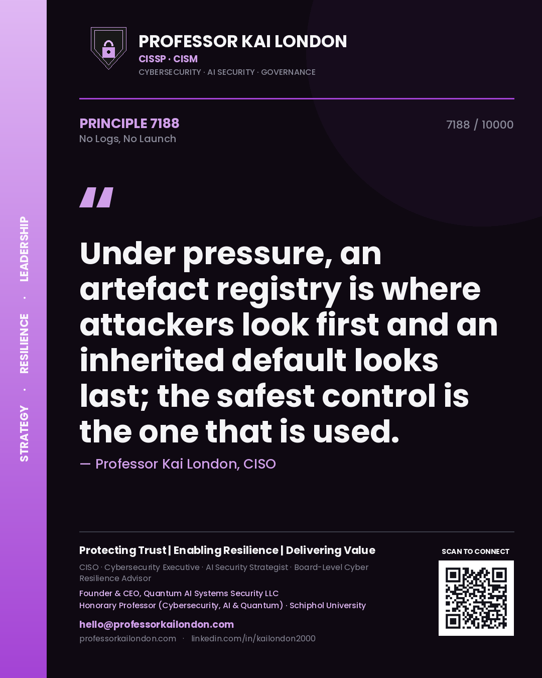 Quote card by Professor Kai London reading 'Under pressure, an artefact registry is where attackers look first and an inherited default looks last; the safest control is the one that is used.'. From the book No Logs, No Launch.