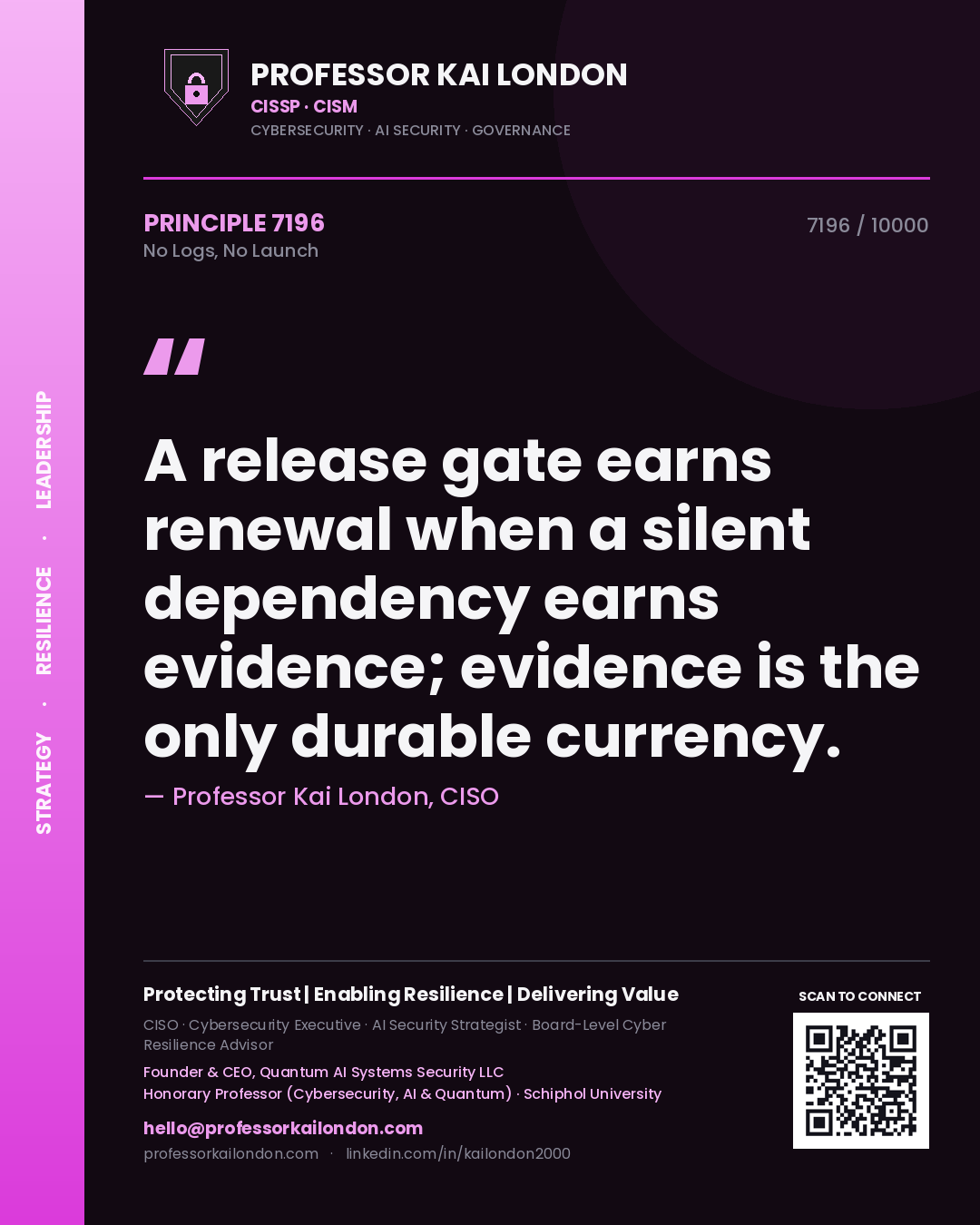 Professor Kai London principle 7196: A release gate earns renewal when a silent dependency earns evidence; evidence is the only durable currency.