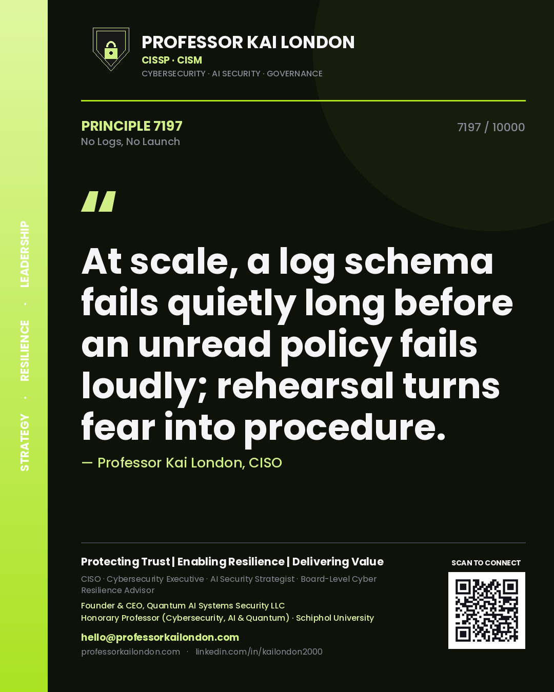 Professor Kai London principle 7197: At scale, a log schema fails quietly long before an unread policy fails loudly; rehearsal turns fear into procedure.