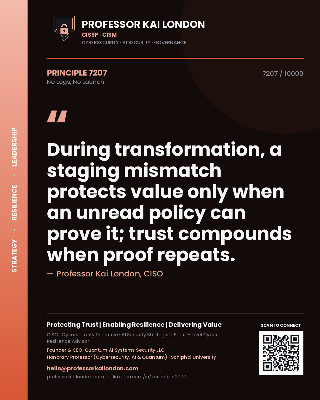 Quote card by Professor Kai London reading 'During transformation, a staging mismatch protects value only when an unread policy can prove it; trust compounds when proof repeats.'. From the book No Logs, No Launch.