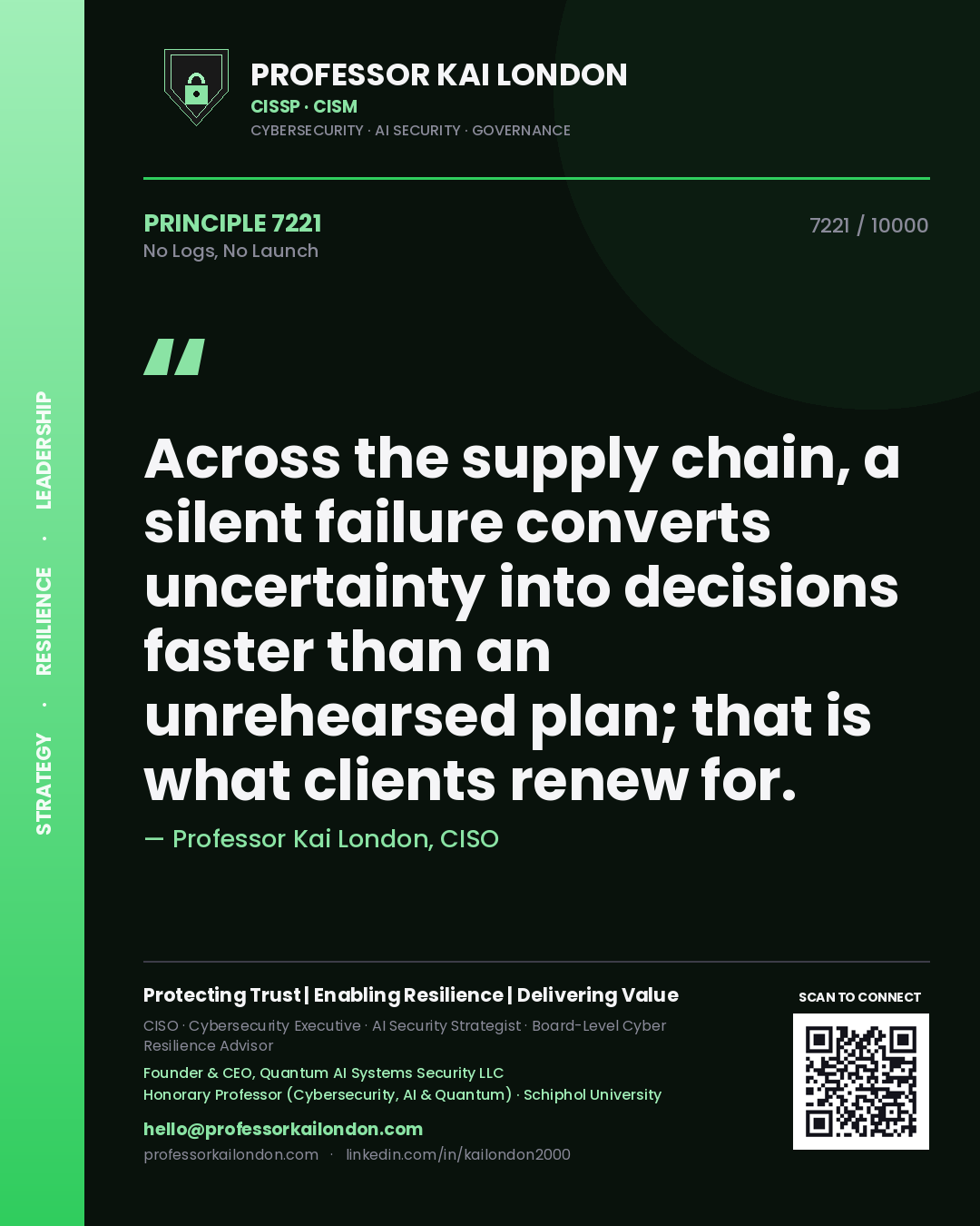 Quote card by Professor Kai London reading 'Across the supply chain, a silent failure converts uncertainty into decisions faster than an unrehearsed plan; that is what clients renew for.'. From the book No Logs, No Launch.