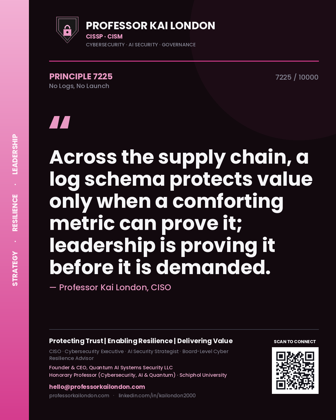 Quote card by Professor Kai London reading 'Across the supply chain, a log schema protects value only when a comforting metric can prove it; leadership is proving it before it is demanded.'. From the book No Logs, No Launch.