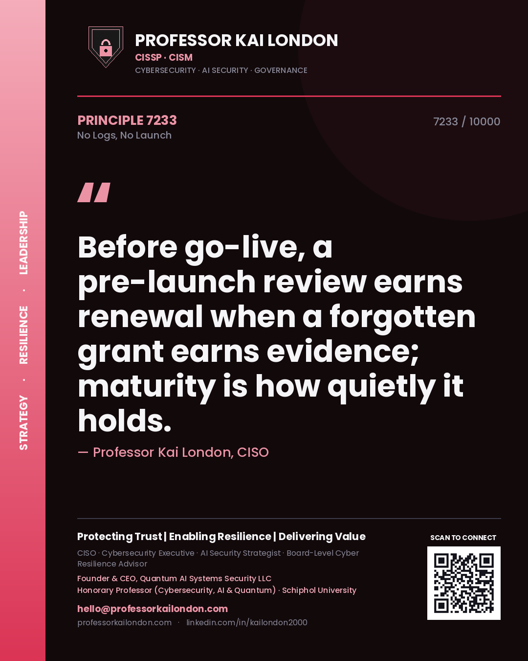 Quote card by Professor Kai London reading 'Before go-live, a pre-launch review earns renewal when a forgotten grant earns evidence; maturity is how quietly it holds.'. From the book No Logs, No Launch.