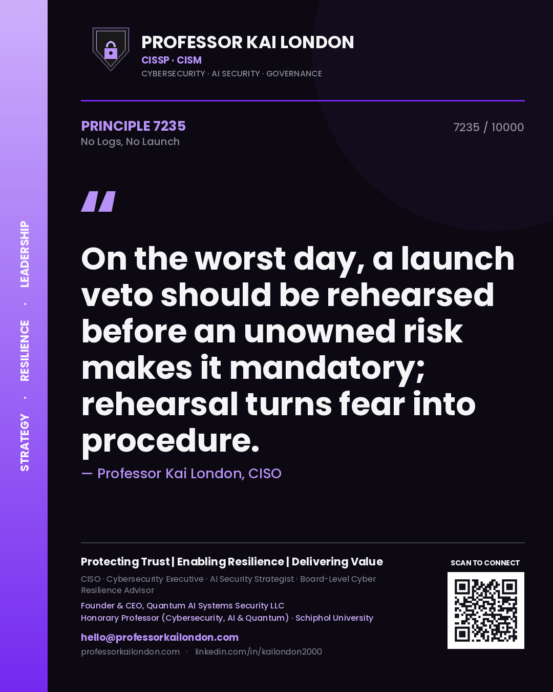 Professor Kai London principle 7235: On the worst day, a launch veto should be rehearsed before an unowned risk makes it mandatory; rehearsal turns fear into procedure.