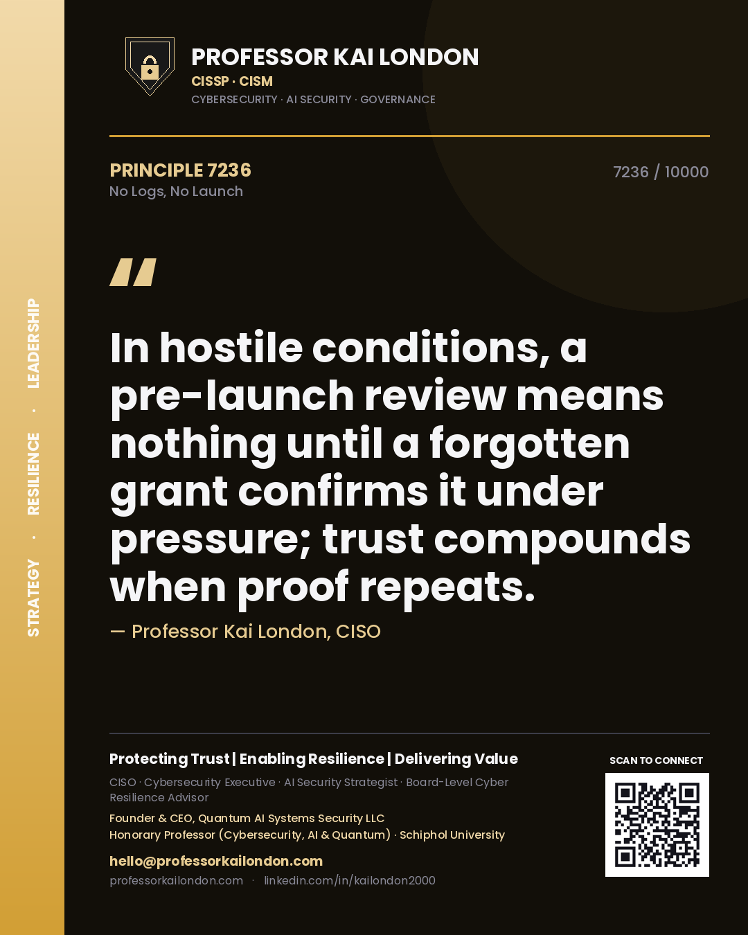 Quote card by Professor Kai London reading 'In hostile conditions, a pre-launch review means nothing until a forgotten grant confirms it under pressure; trust compounds when proof repeats.'. From the book No Logs, No Launch.