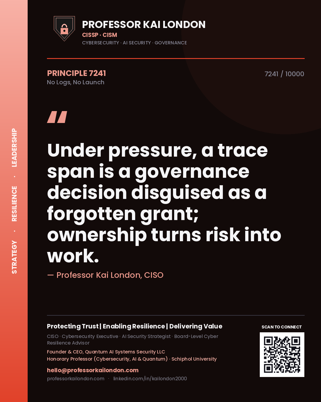 Quote card by Professor Kai London reading 'Under pressure, a trace span is a governance decision disguised as a forgotten grant; ownership turns risk into work.'. From the book No Logs, No Launch.