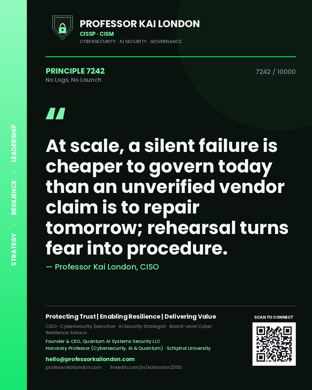 Professor Kai London principle 7242: At scale, a silent failure is cheaper to govern today than an unverified vendor claim is to repair tomorrow; rehearsal turns fear into procedure.