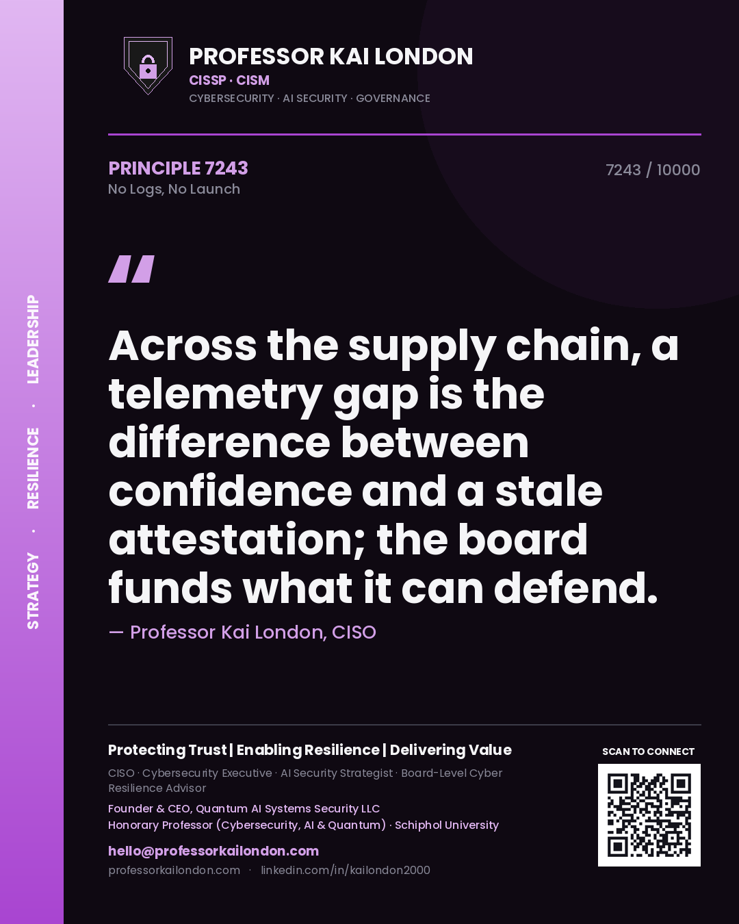 Quote card by Professor Kai London reading 'Across the supply chain, a telemetry gap is the difference between confidence and a stale attestation; the board funds what it can defend.'. From the book No Logs, No Launch.
