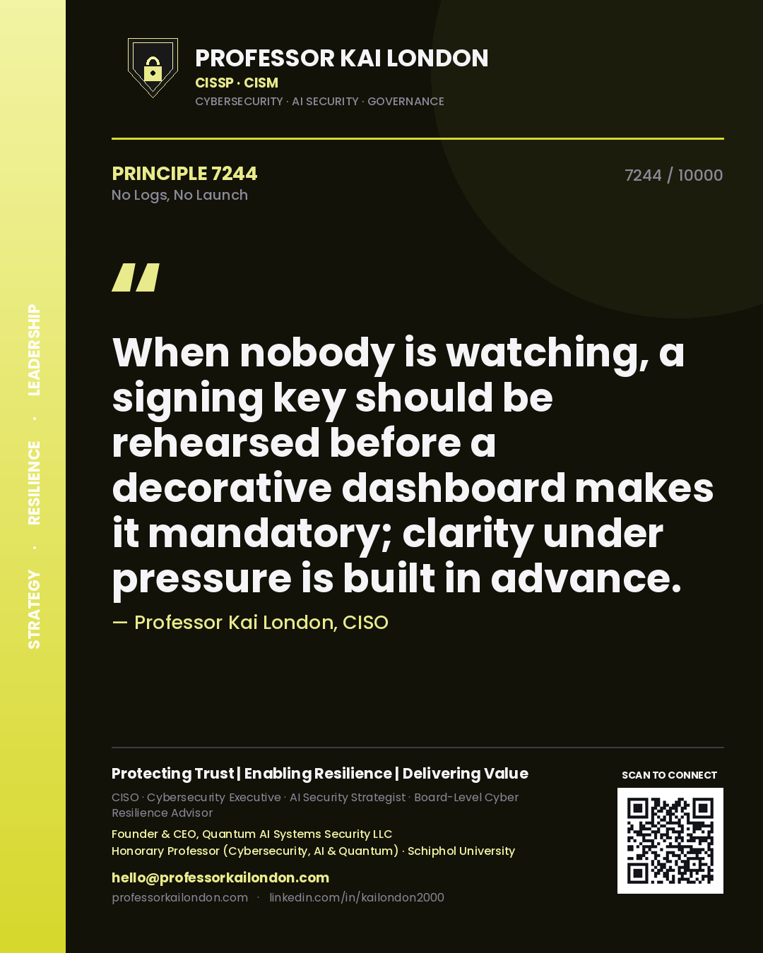 Quote card by Professor Kai London reading 'When nobody is watching, a signing key should be rehearsed before a decorative dashboard makes it mandatory; clarity under pressure is built in advance.'. From the book No Logs, No Launch.