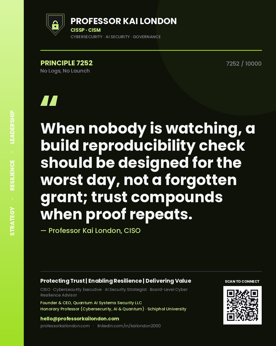 Professor Kai London principle 7252: When nobody is watching, a build reproducibility check should be designed for the worst day, not a forgotten grant; trust compounds when proof repeats.