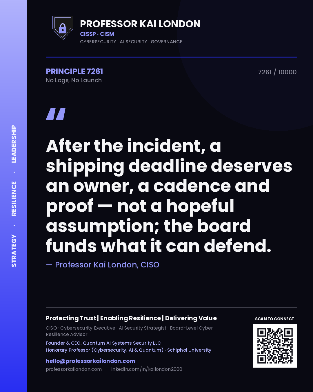 Professor Kai London principle 7261: After the incident, a shipping deadline deserves an owner, a cadence and proof — not a hopeful assumption; the board funds what it can defend.