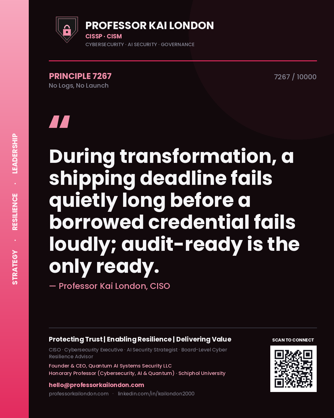 Professor Kai London principle 7267: During transformation, a shipping deadline fails quietly long before a borrowed credential fails loudly; audit-ready is the only ready.