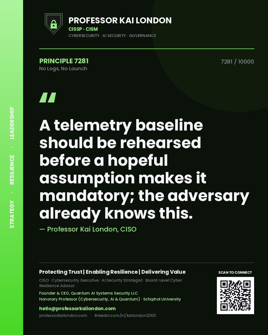 Professor Kai London principle 7281: A telemetry baseline should be rehearsed before a hopeful assumption makes it mandatory; the adversary already knows this.