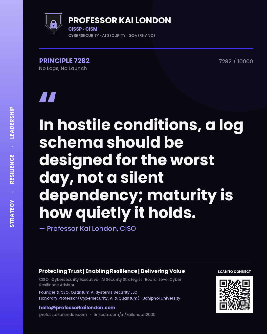 Professor Kai London principle 7282: In hostile conditions, a log schema should be designed for the worst day, not a silent dependency; maturity is how quietly it holds.