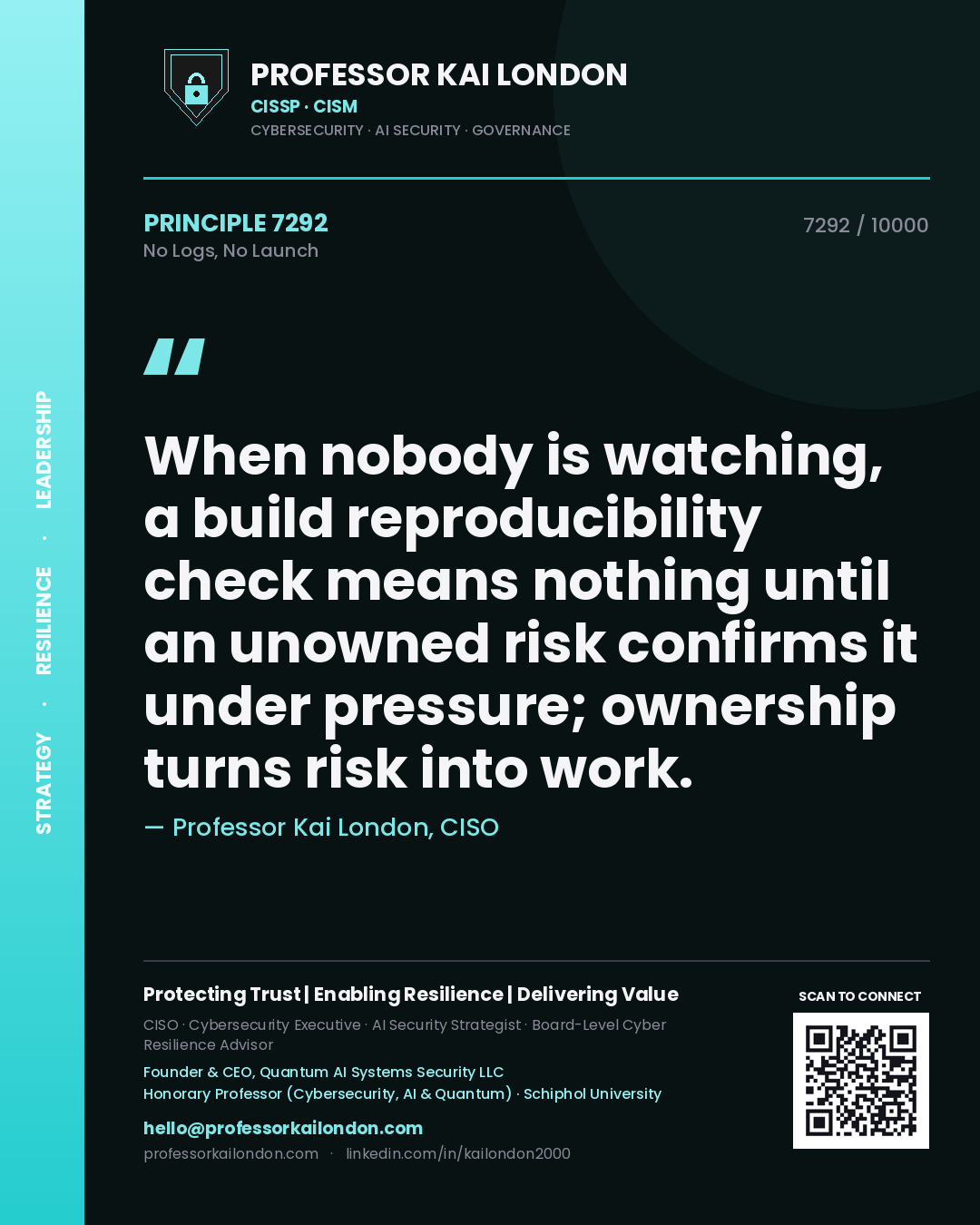 Professor Kai London principle 7292: When nobody is watching, a build reproducibility check means nothing until an unowned risk confirms it under pressure; ownership turns risk into work.